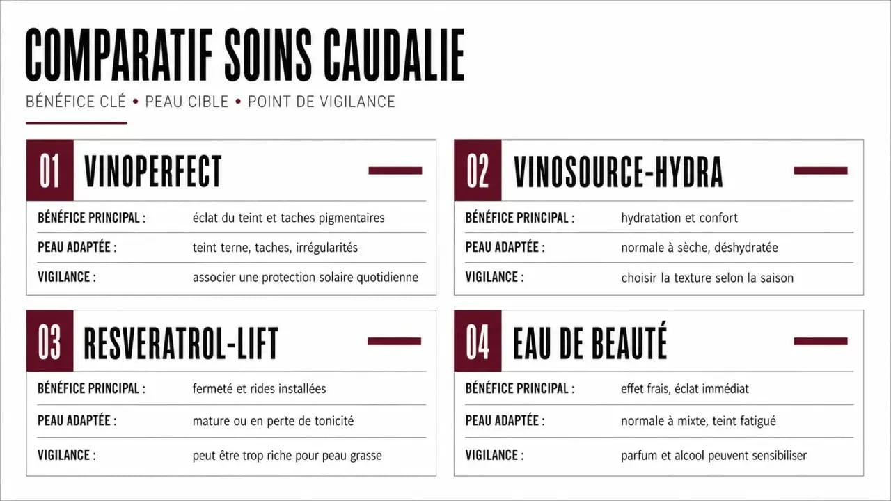 Avis sur les produits Caudalie : comparatif visuel des gammes Vinoperfect, Vinosource-Hydra, Resveratrol-Lift et Eau de Beauté