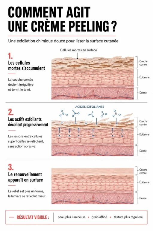 Crème peeling visage : schéma du renouvellement cellulaire et de l’exfoliation chimique en surface