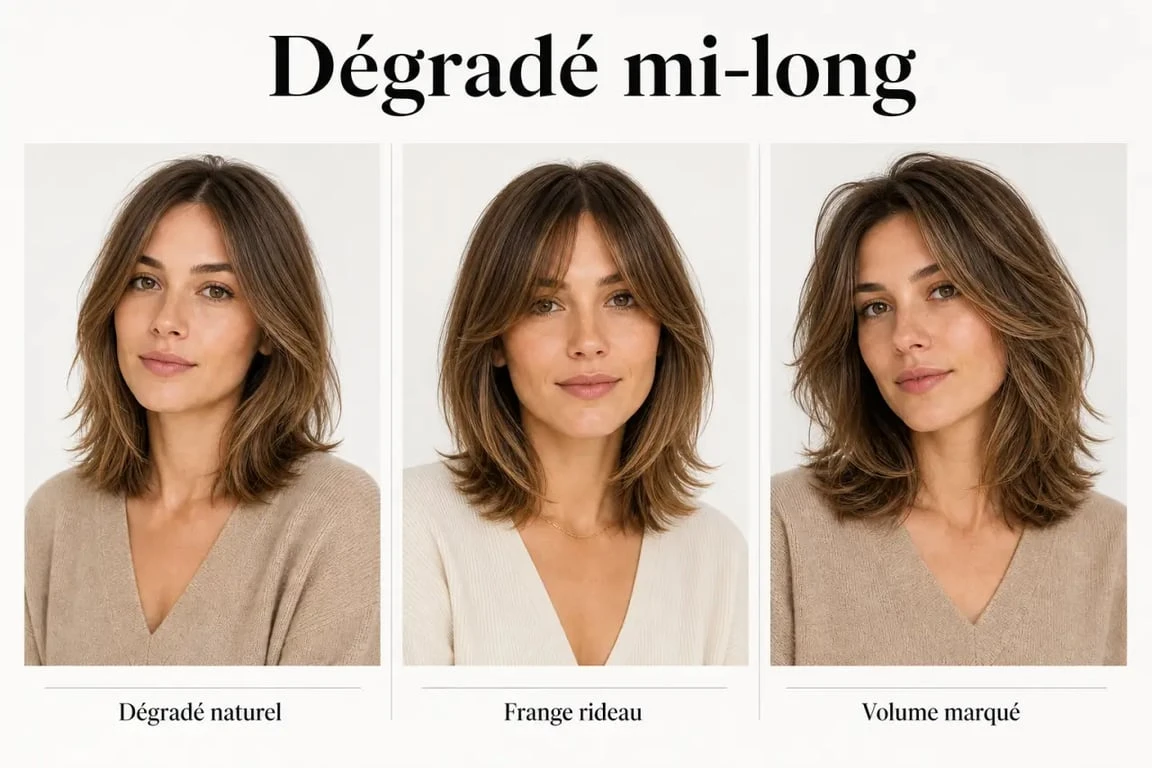Moderne coupe femme mi long dégradé en trois variantes pour inspiration coiffure