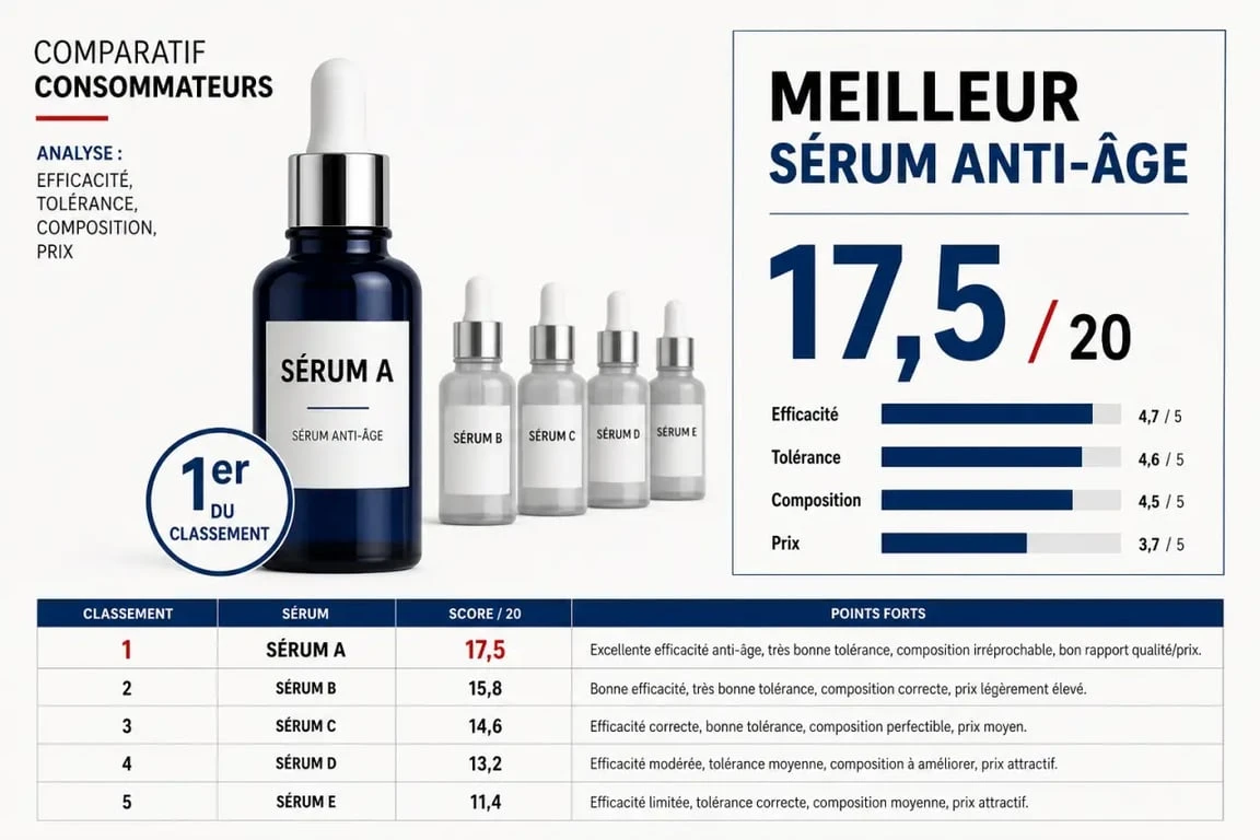 Meilleur sérum anti-âge 60 millions de consommateur : illustration comparative des critères efficacité, tolérance, composition et prix