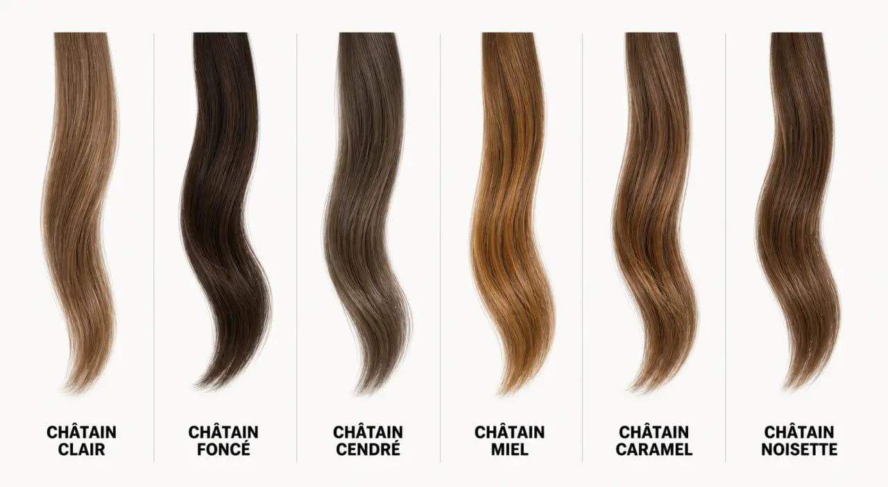 Comparatif chatain couleur cheveux avec nuances clair, foncé, cendré, miel, caramel et noisette