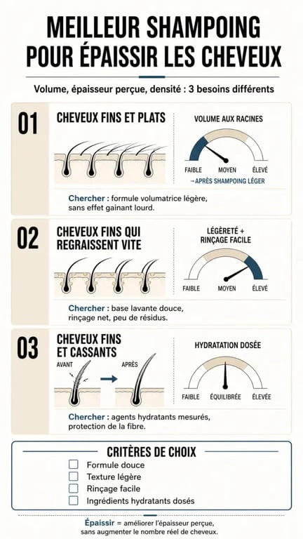 Infographie sur le meilleur shampoing pour épaissir les cheveux selon le type de cheveux