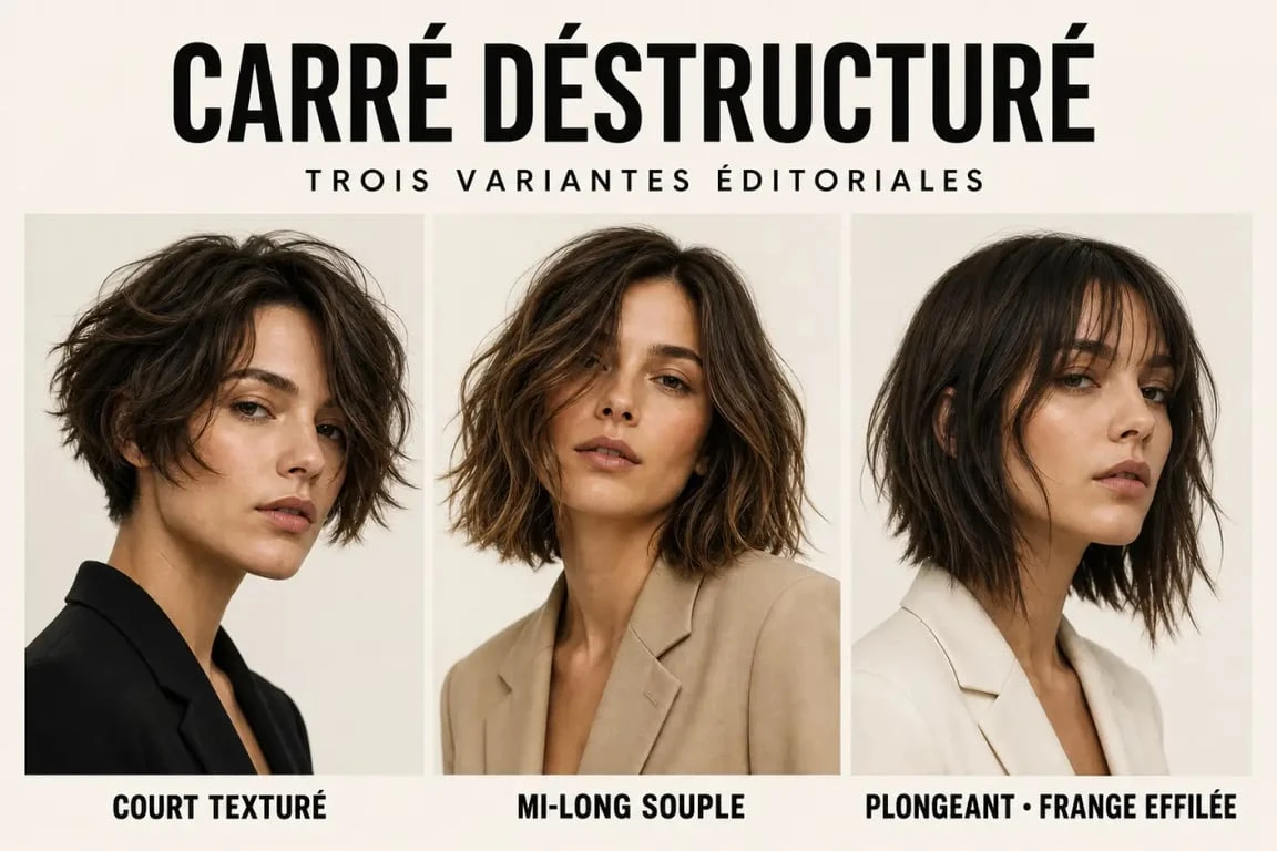 Carré déstructuré en trois variantes de coupe sur modèles adultes