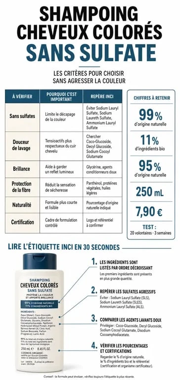 Infographie sur le shampoing cheveux colorés sans sulfate avec critères de choix, ingrédients et repères de comparaison
