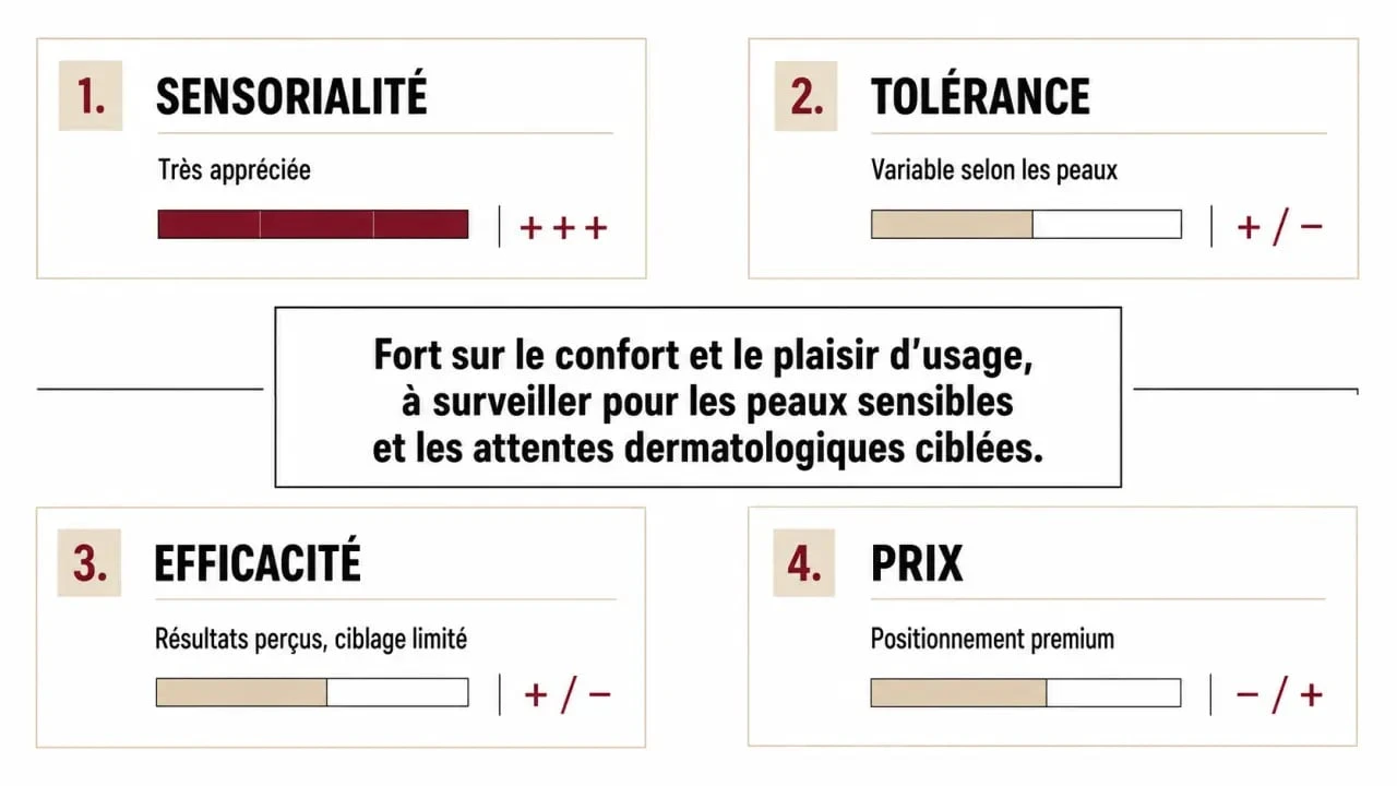 Avis sur les produits Nuxe : synthèse visuelle des critères de tolérance, efficacité, sensorialité et prix