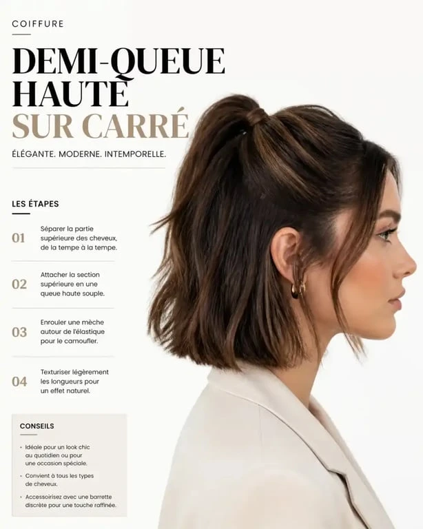 Coiffure demi-queue haute sur cheveux au carré