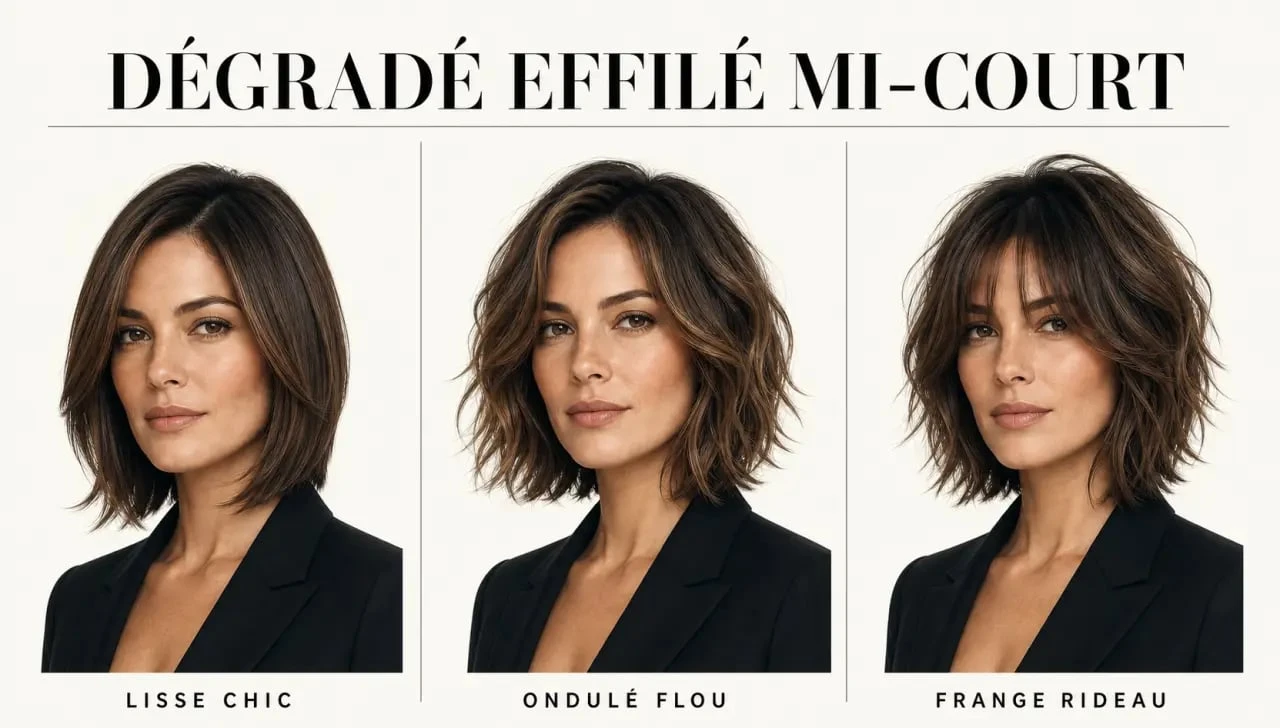 Coupe de cheveux femme dégradé effilé mi-court en trois variations éditoriales
