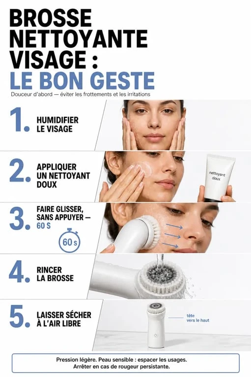 Utilisation douce d’une brosse nettoyante visage et entretien après usage