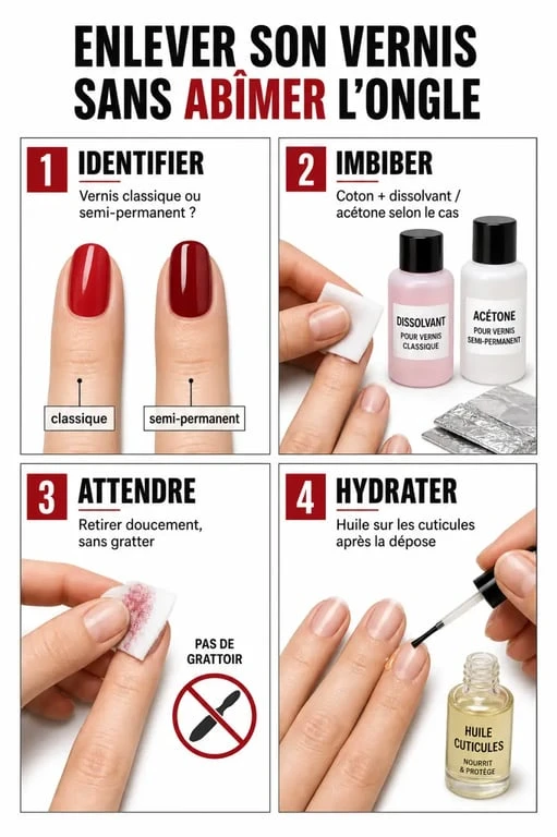 Illustration étape par étape pour enlever du vernis