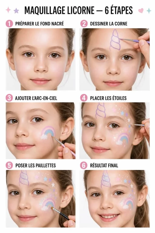 Maquillage licorne pas à pas avec corne, arc-en-ciel et étoiles