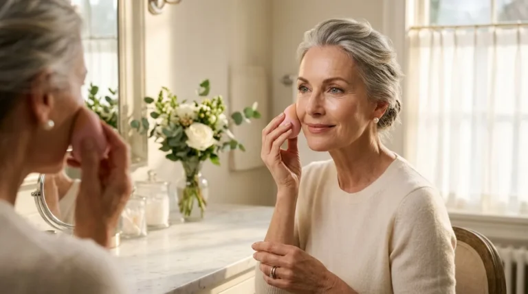 Femme senior examinant son visage dans un miroir
