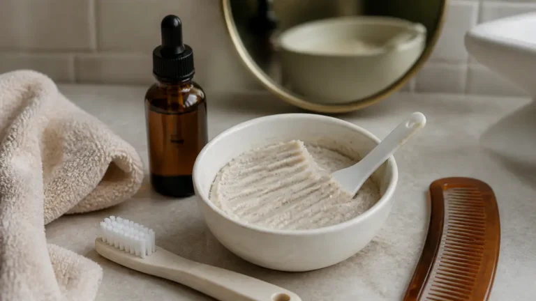 Gommage cheveux dans un bol crème, pour purifier le cuir chevelu