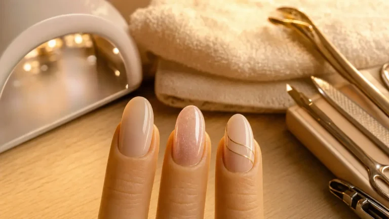 Idee ongle semi permanent : french twist nude glossy, finition dorée