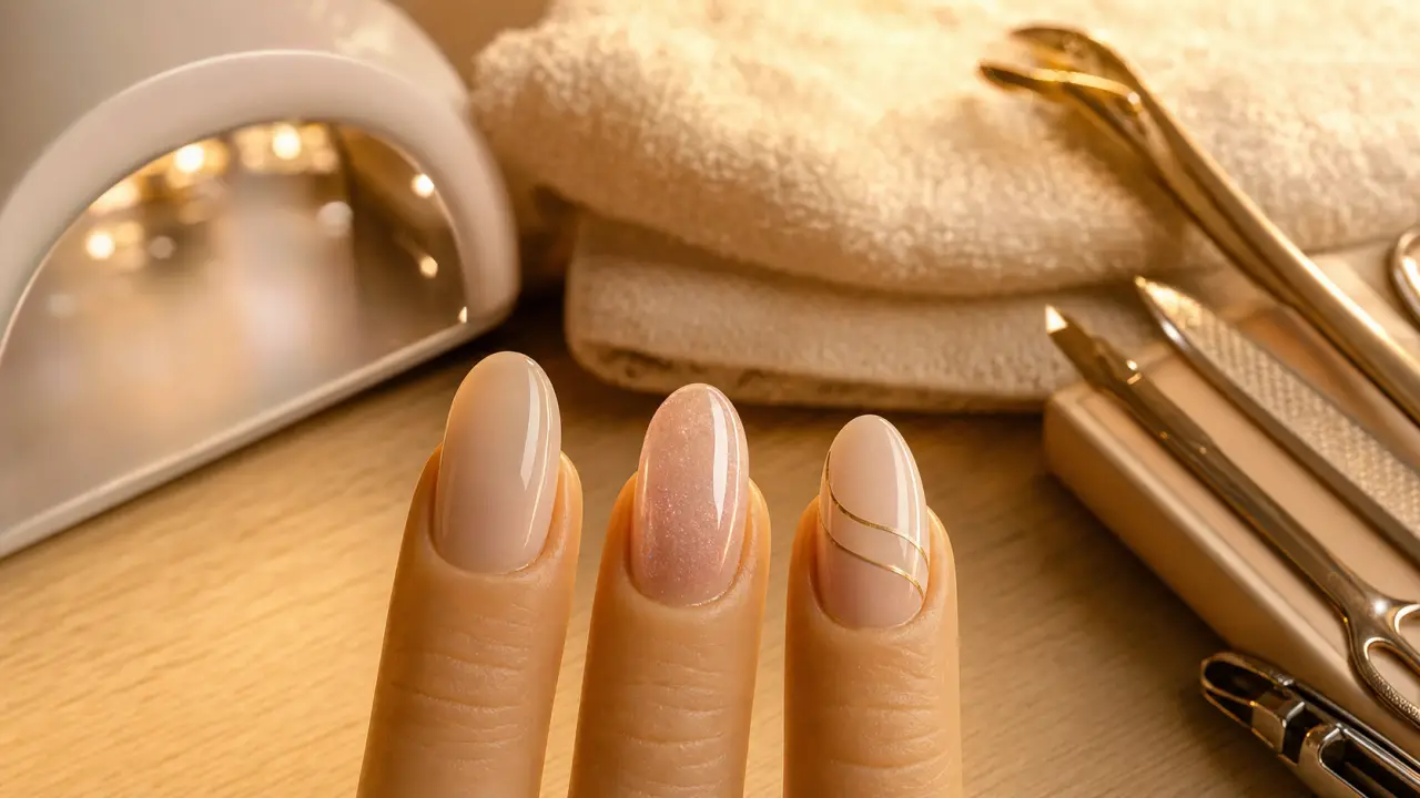 Idee ongle semi permanent : french twist nude glossy, finition dorée