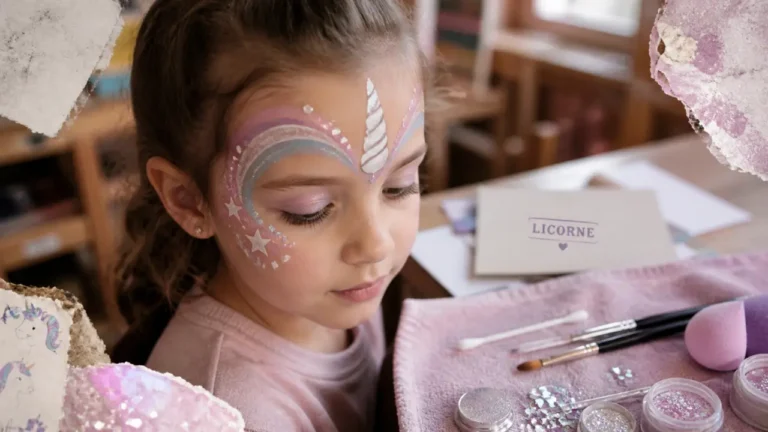 Maquillage licorne pastel : corne, arc-en-ciel et étoiles sur le visage