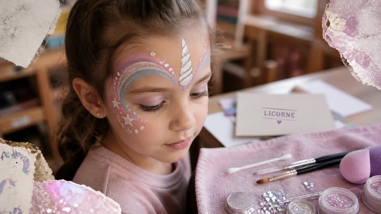 Maquillage licorne pastel : corne, arc-en-ciel et étoiles sur le visage