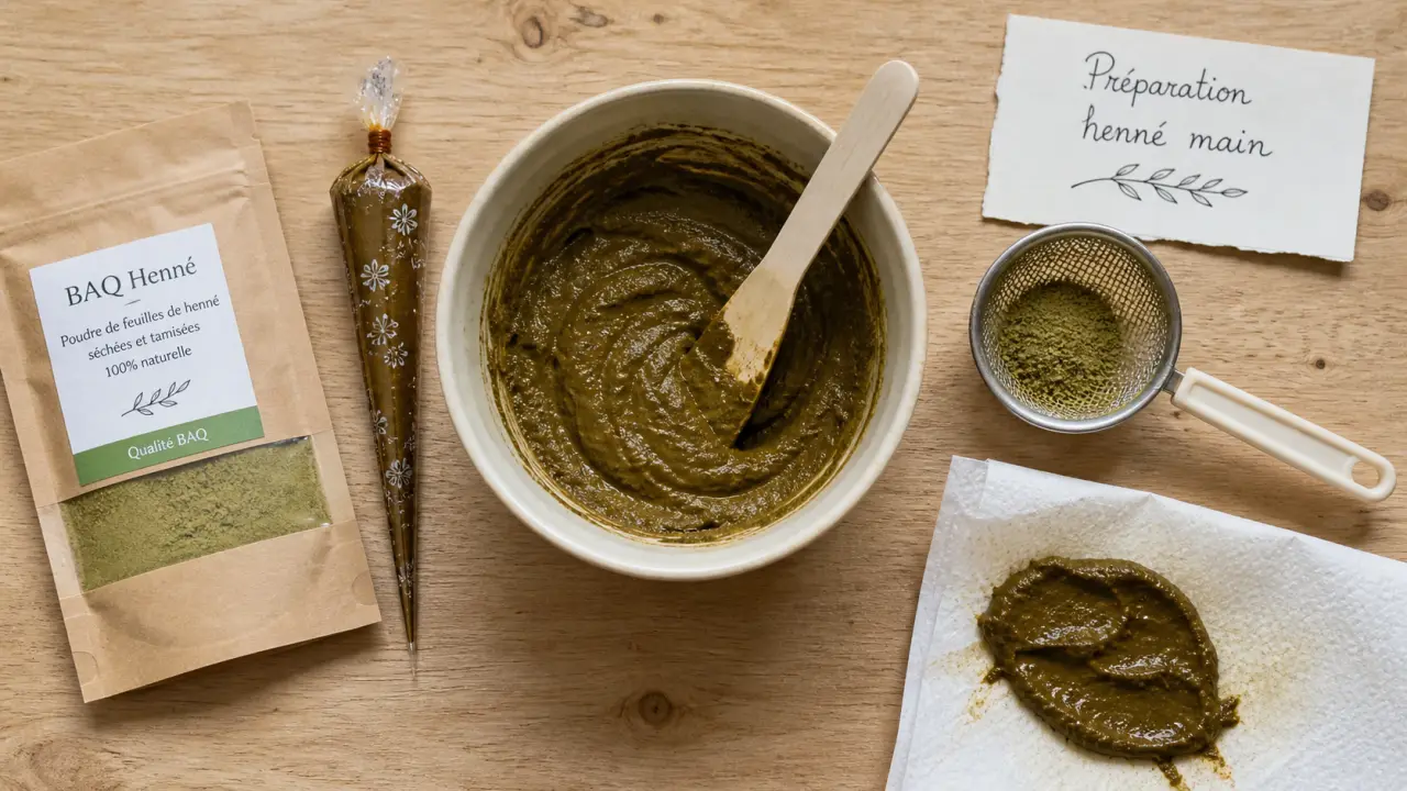 Préparation henné main : poudre de henné et pâte sur table