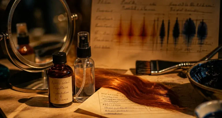 Roux cheveux cuivré lumineux sur fiche et produits coiffure