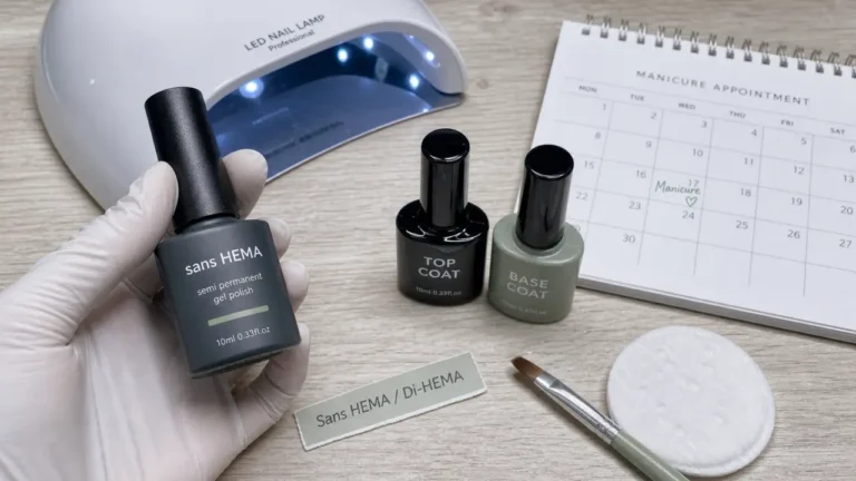 Vernis semi permanent sans HEMA, flacon et pinceau