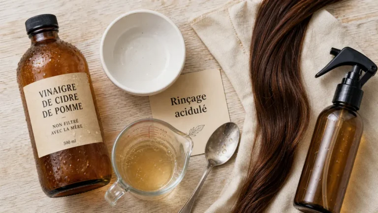 Vinaigre de cidre et cheveux : brillance, dilution et rinçage acidulé