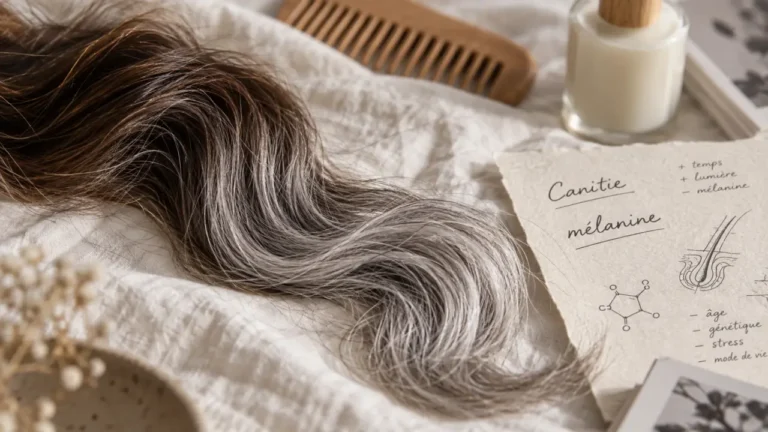 Cheveux blancs : mèche poivre et sel, racines brunes et mèches grises sur drap blanc