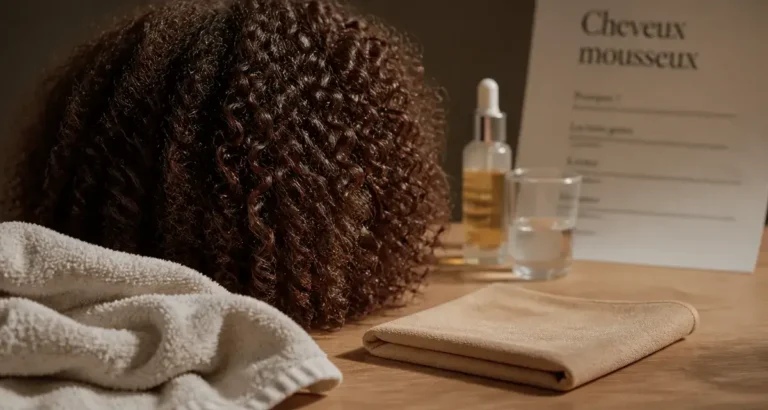 Cheveux mousseux gonflés, vue de près sur table bois