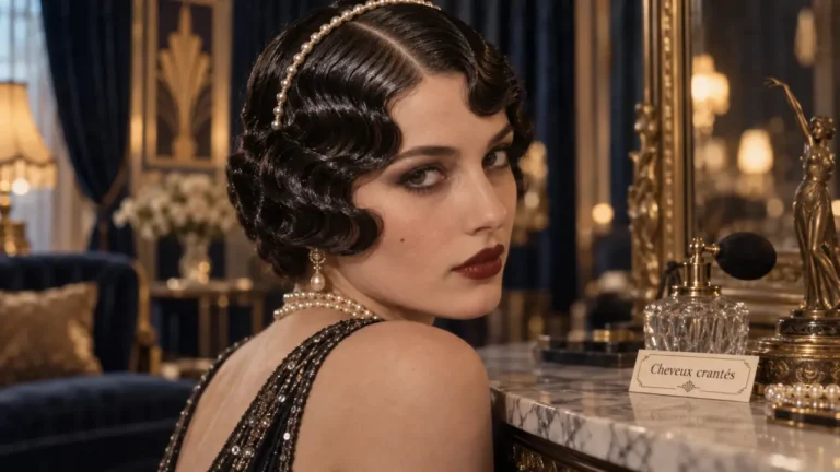 Coiffure année 20 : coiffé cranté noir, raie nette, headband perles