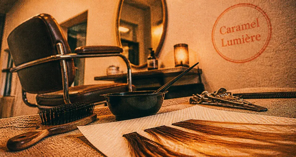 Couleur cheveux caramel : mèches et brosse en salon de coiffure