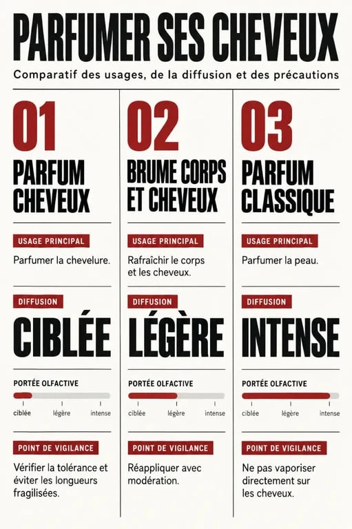 Infographie comparative sur le parfum cheveux, la brume corps et cheveux et le parfum classique
