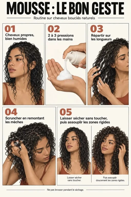 Étapes d’application d’une mousse cheveux bouclés avec le geste scrunch et le séchage