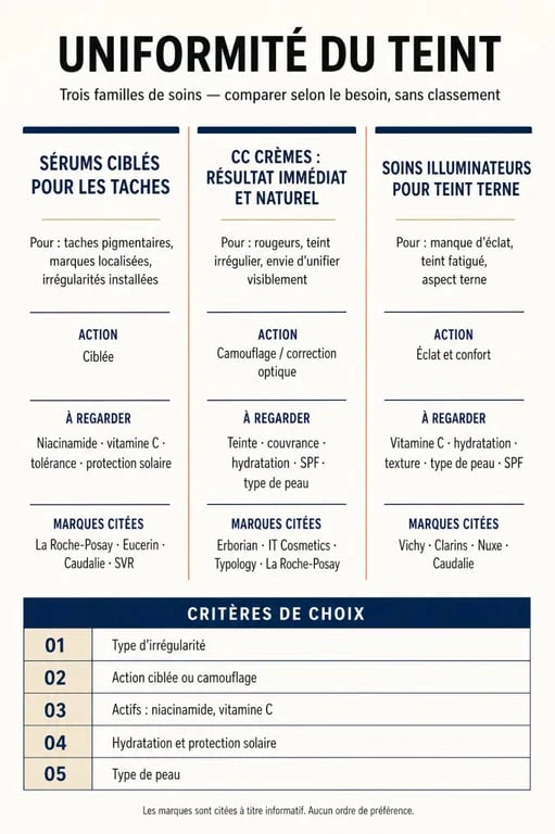 Comparatif des meilleures marques de soins pour uniformiser le teint selon les taches, rougeurs, teint terne et type de peau