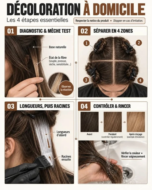 Étapes illustrées d’une décoloration cheveux à domicile, de la mèche test au rinçage