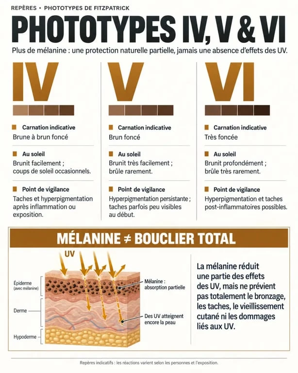 Infographie sur la peau mate et la comparaison des phototypes IV, V et VI face au soleil