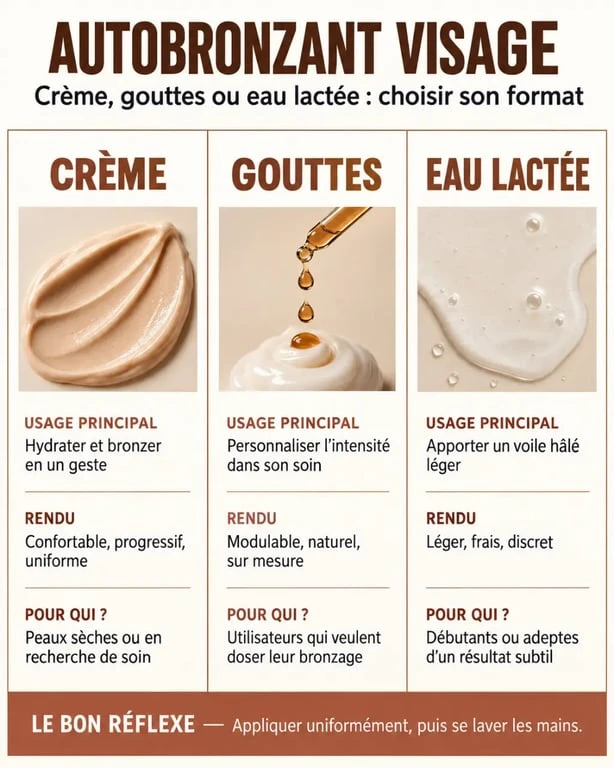 Comparatif des formats de crème visage autobronzante, gouttes et eau lactée