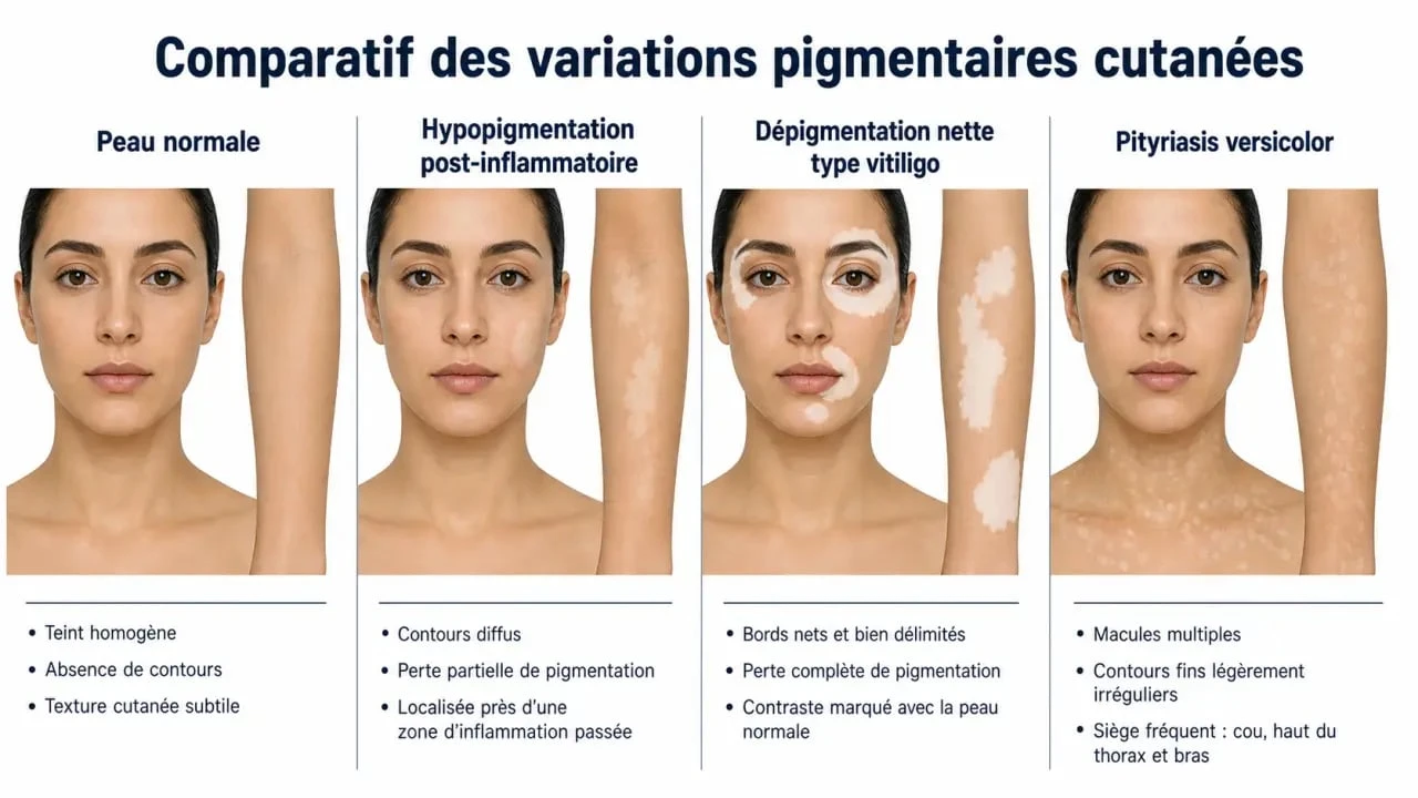 Comparatif de la dépigmentation de la peau entre vitiligo, hypopigmentation post-inflammatoire et pityriasis versicolor
