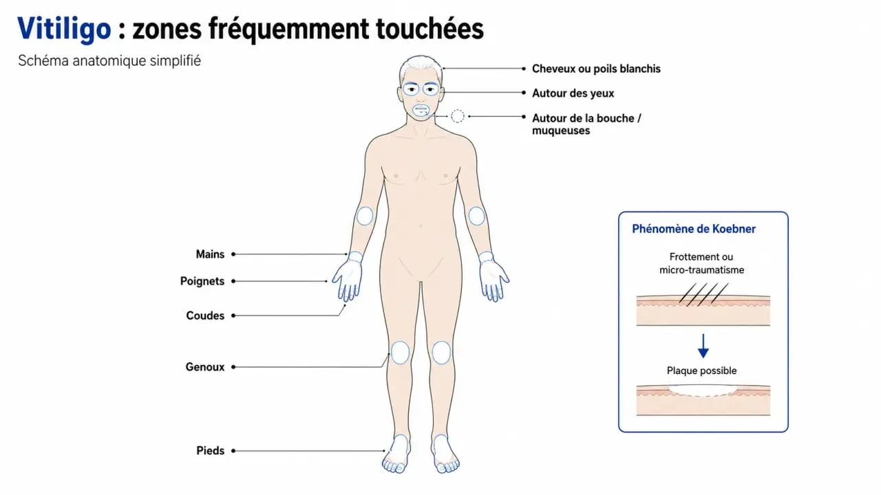 Zones typiques de la dépigmentation de la peau sur le visage, les mains, les coudes et les muqueuses