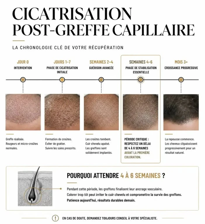 Chronologie de cicatrisation et délai pour coloration après greffe de cheveux