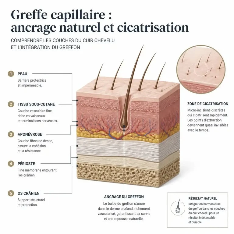 Schéma de cicatrisation du cuir chevelu après une greffe de cheveux