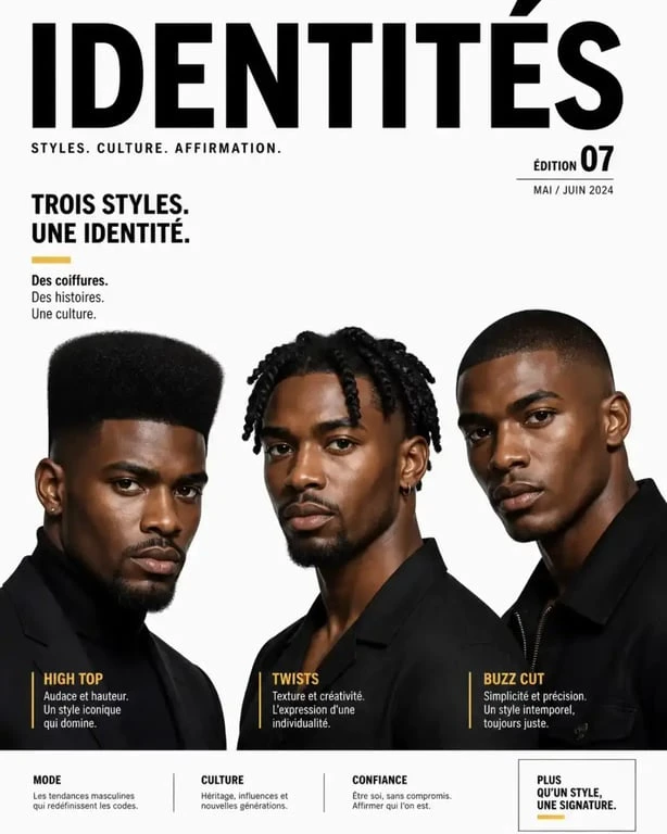 Exemples de styles de coiffure afro homme : high top, twists et buzz cut