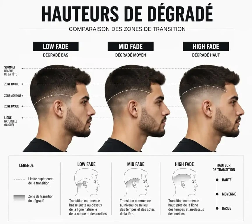 Comparaison des hauteurs de dégradé pour coiffure afro homme