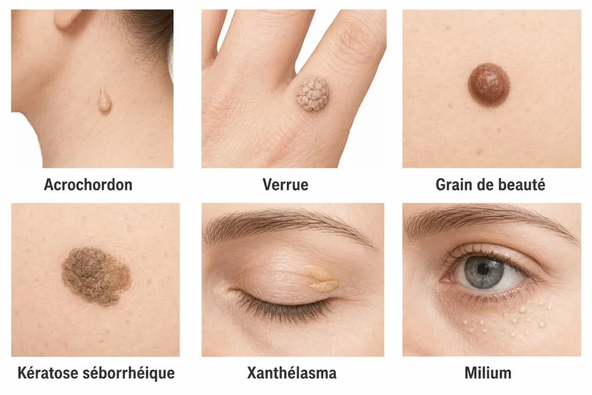 Excroissance peau : comparaison visuelle de plusieurs lésions cutanées fréquentes comme l’acrochordon, la verrue et le grain de beauté