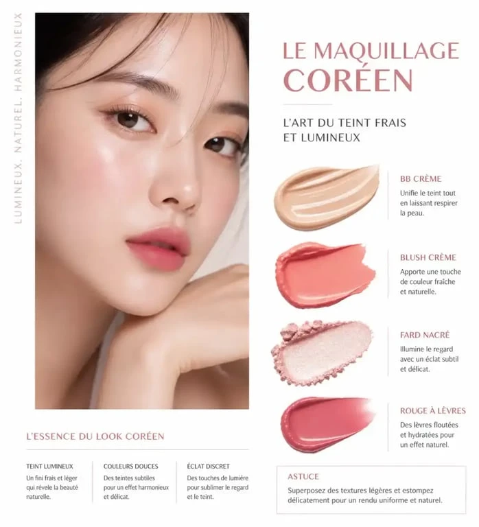 Maquillage coréen avec teint lumineux, lèvres floutées et regard subtilement scintillant