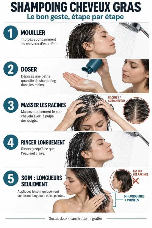 Étapes d’application d’un shampoing cheveux gras sur les racines et les longueurs