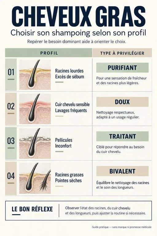 Infographie pour choisir un shampoing cheveux gras selon le type de cuir chevelu et l’état des pointes