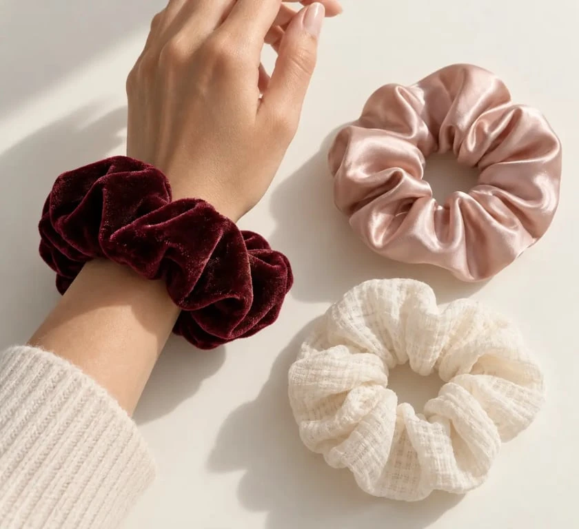 Chouchou cheveux porté au poignet avec différentes matières textiles