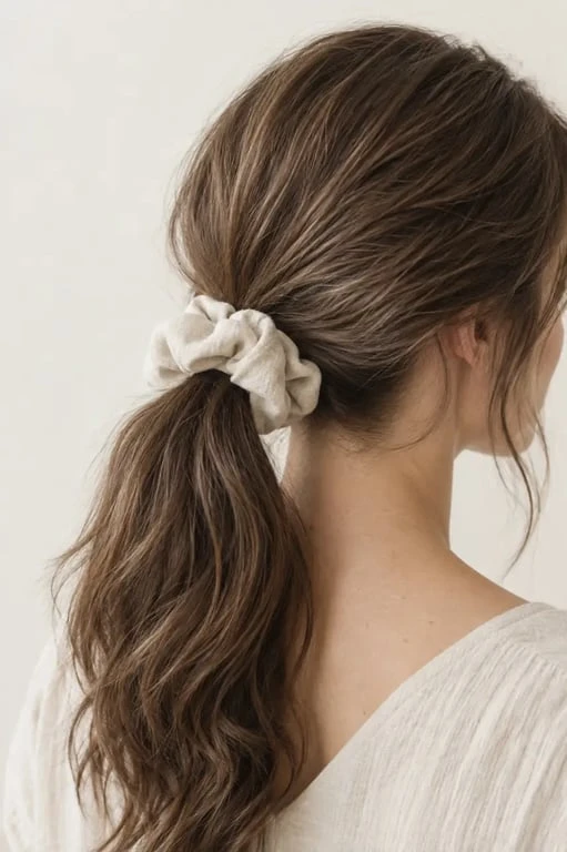 Chouchou cheveux en coton porté sur une queue de cheval