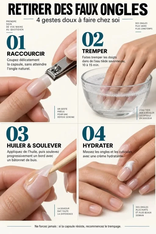 Étapes illustrées pour enlever des faux ongles en plastique avec trempage, huile et retrait progressif