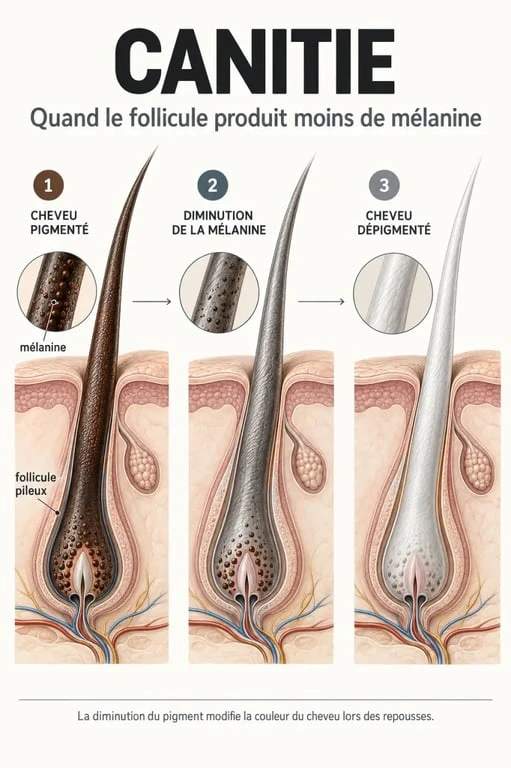 Infographie expliquant la dépigmentation à l’origine des cheveux blancs et de la canitie