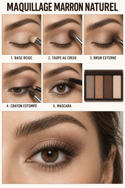Étapes illustrées d’un maquillage marron naturel avec fards taupe, caramel et chocolat