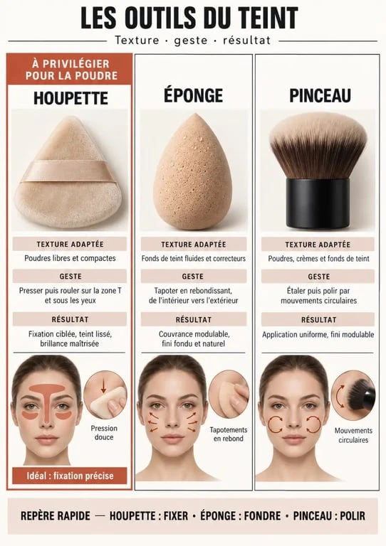 Infographie comparative sur la houpette maquillage, l’éponge et le pinceau